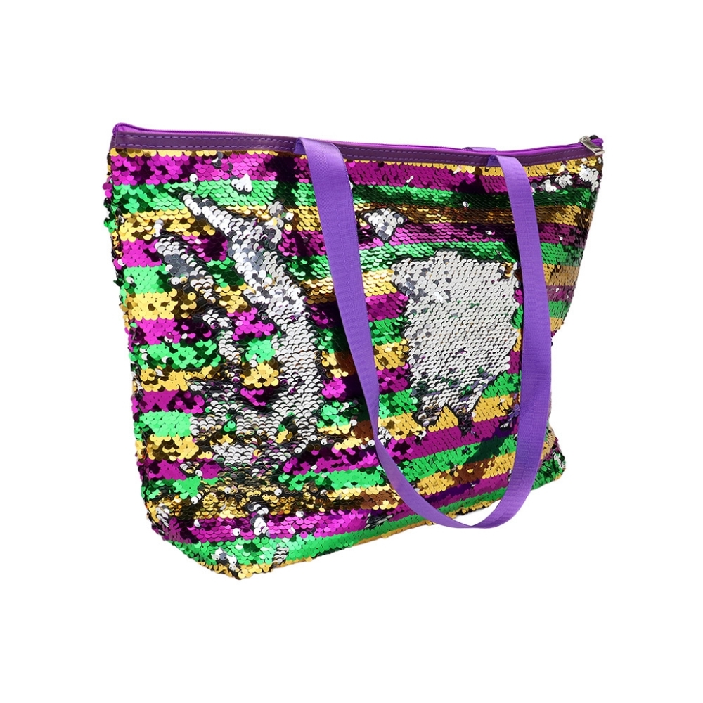 Green Purple Gold Sequin Stripe Mardi Gras Tote Purse Shoulder Bag - Picture 5 of 6